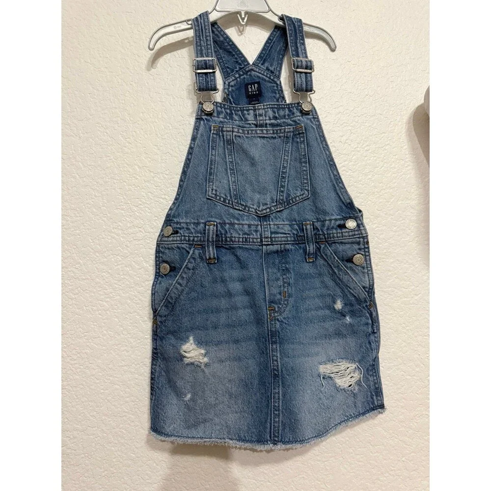 Gap Kids Denim Overall Dress Girls Size S (6) Distressed Blue Jean Pinafore